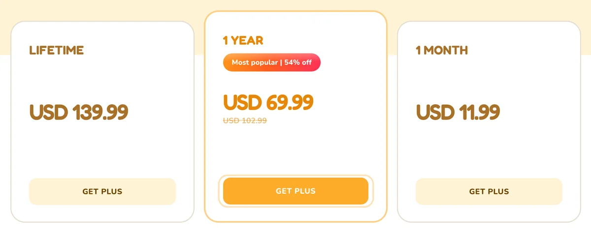 Three price cards on SuperChinese's PLUS page: Lifetime, USD 139.99; 1 Year, USD 69.99, labelled 'Most popular | 54% off' with USD 102.99 struck through; and 1 Month, USD 11.99. Each card has a Get PLUS button.