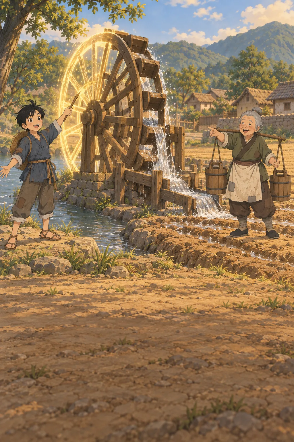 The Plow and the Water Wheel illustration