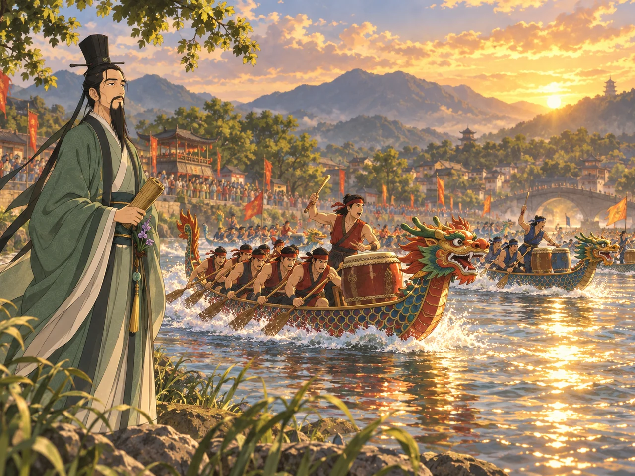 Qu Yuan and the Dragon Boats illustration