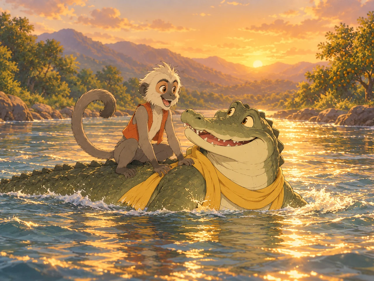 The Monkey and the Crocodile illustration