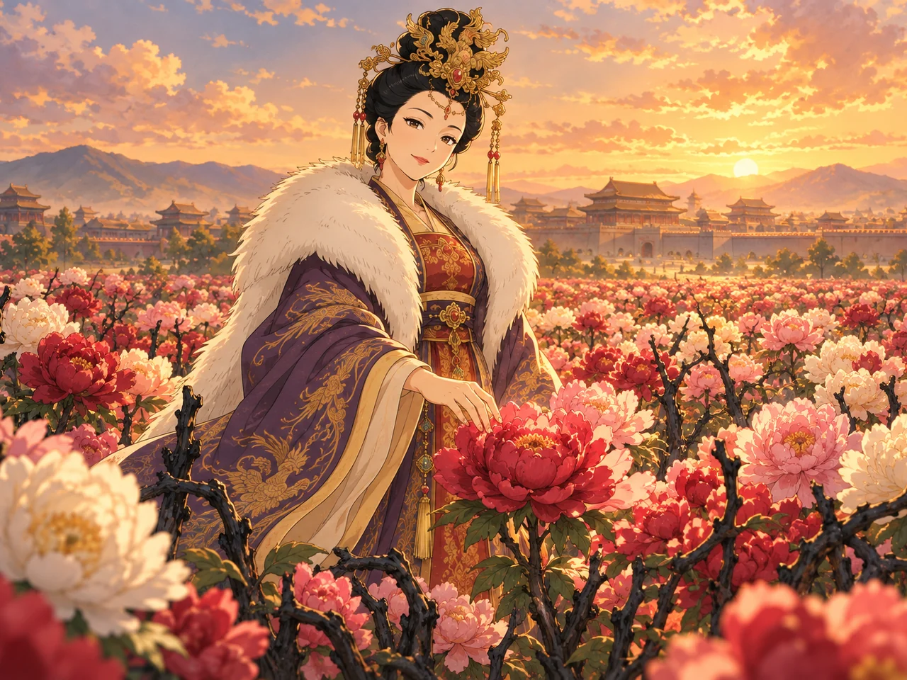 Wu Zetian and the Peonies illustration