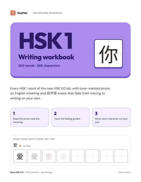 Cover of the HSK 1 writing workbook: 300 words, 248 characters