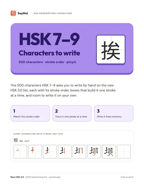 Cover of the HSK 7–9 handwriting characters PDF: 500 characters with stroke order