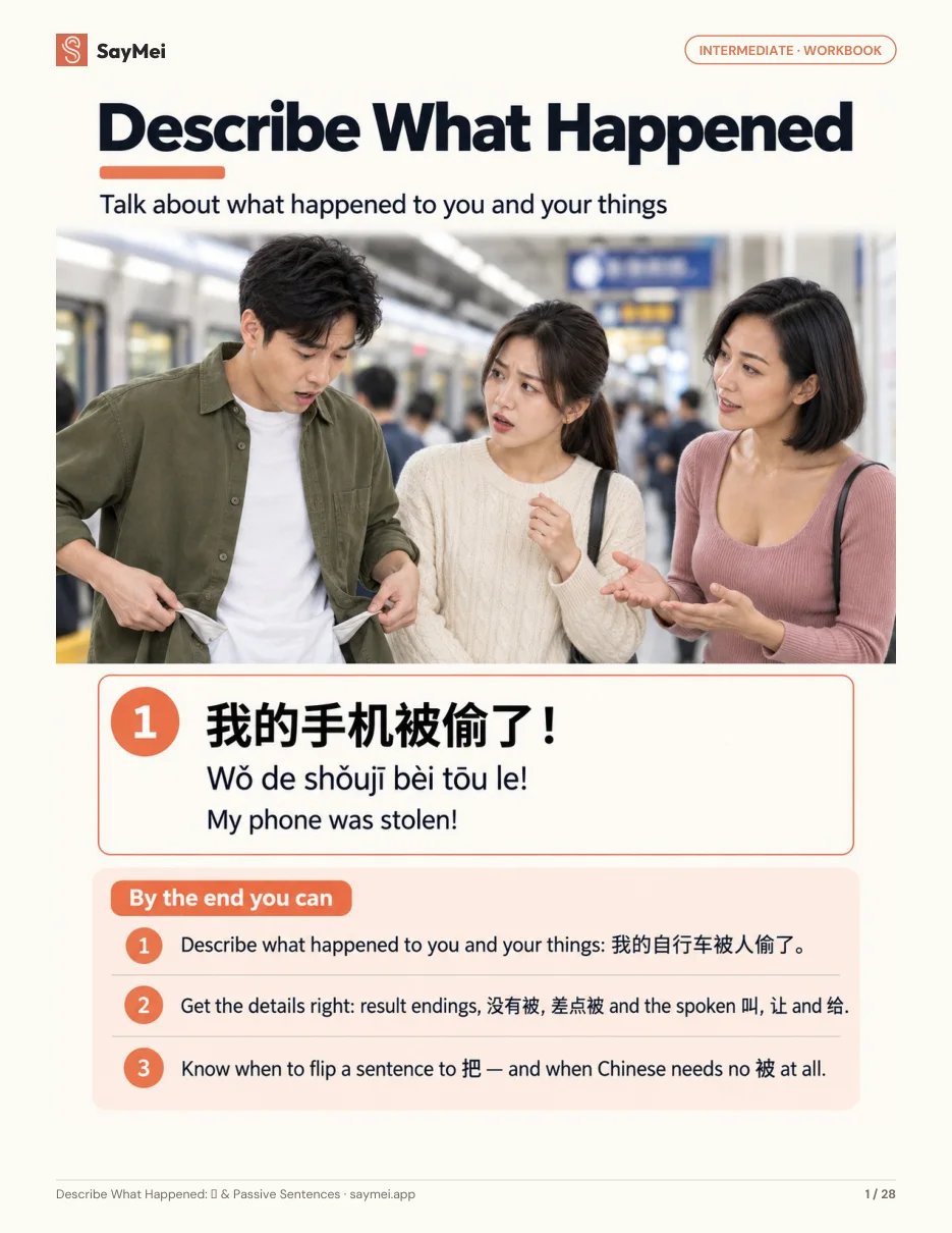 First page of Describe What Happened: 被 & Passive Sentences