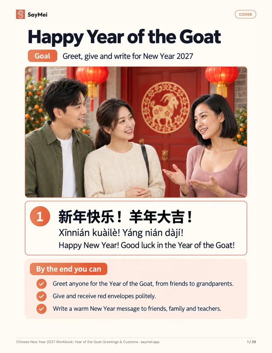 First page of Chinese New Year 2027 Workbook: Year of the Goat Greetings & Customs