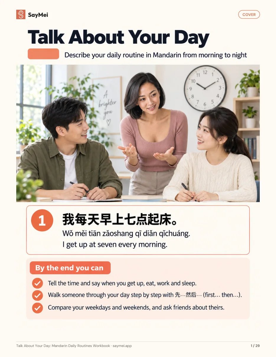 First page of Talk About Your Day: Mandarin Daily Routines Workbook