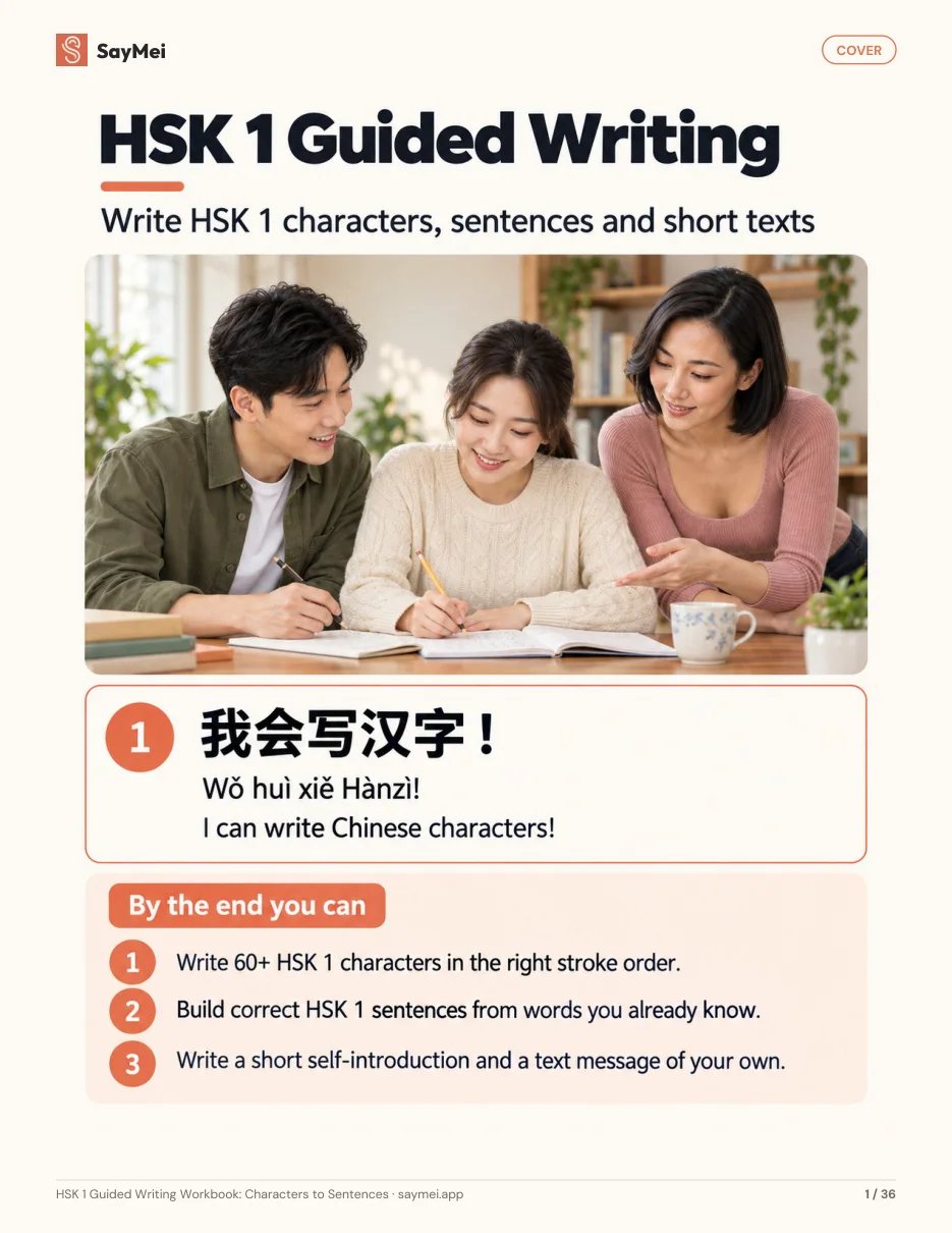 Page 1 of HSK 1 Guided Writing Workbook: Characters to Sentences