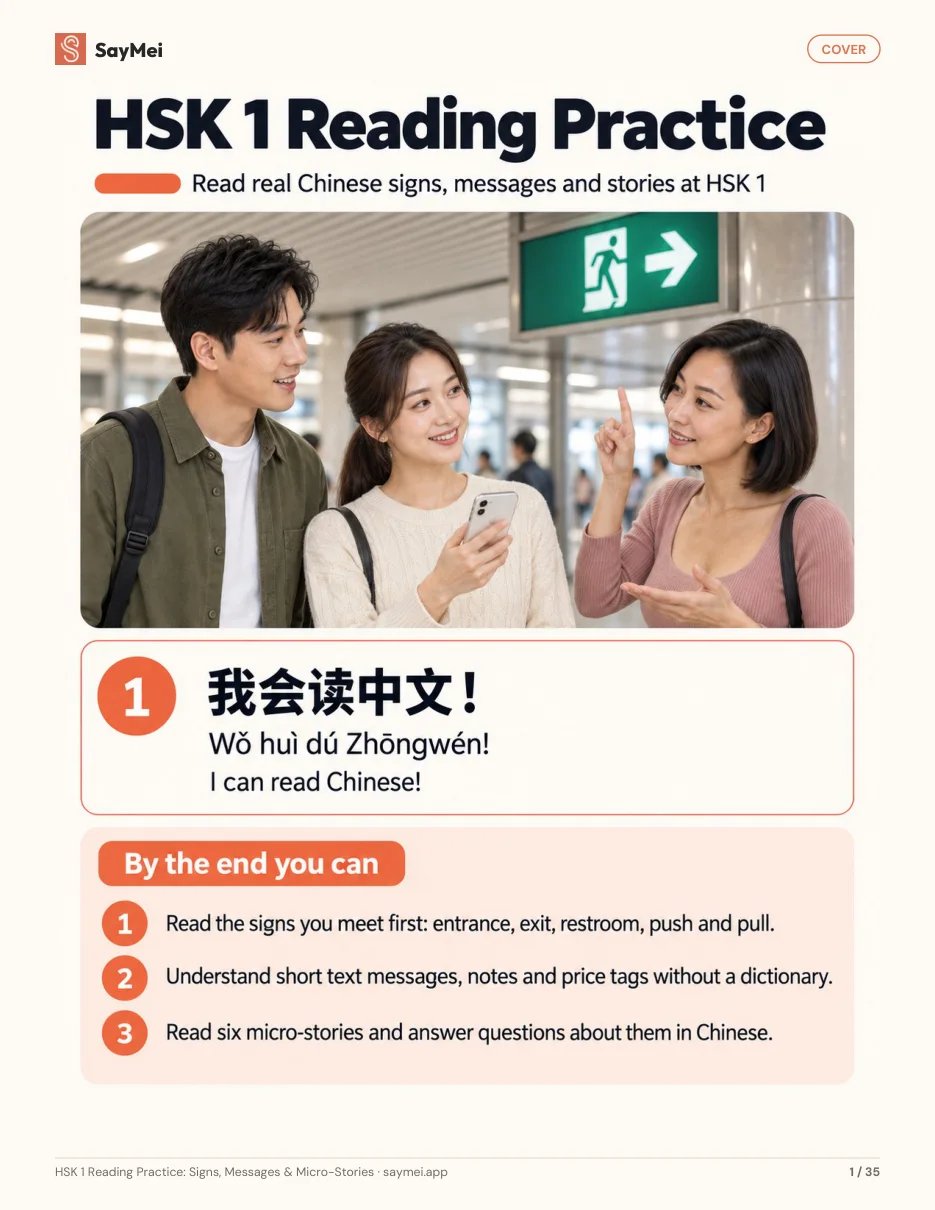 Page 1 of HSK 1 Reading Practice: Signs, Messages & Micro-Stories