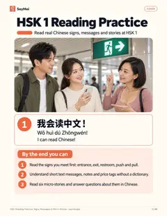 First page of HSK 1 Reading Practice: Signs, Messages & Micro-Stories