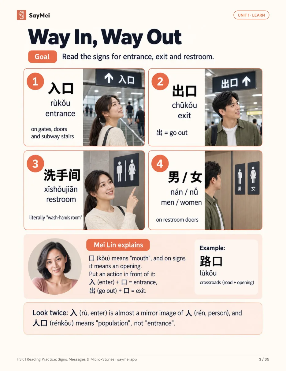 Page 2 of HSK 1 Reading Practice: Signs, Messages & Micro-Stories