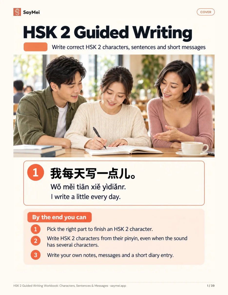 First page of HSK 2 Guided Writing Workbook: Characters, Sentences & Messages