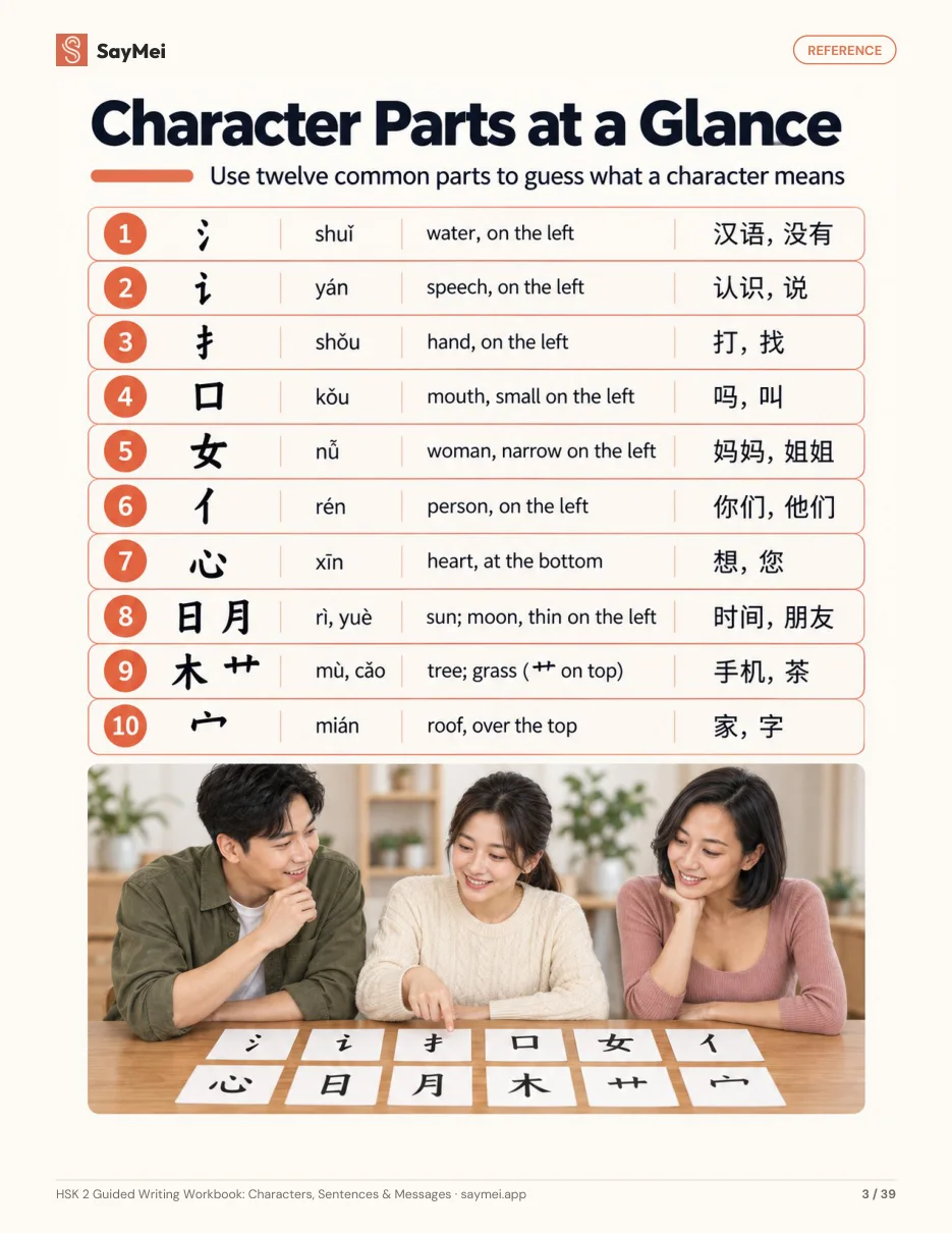 Page 2 of HSK 2 Guided Writing Workbook: Characters, Sentences & Messages