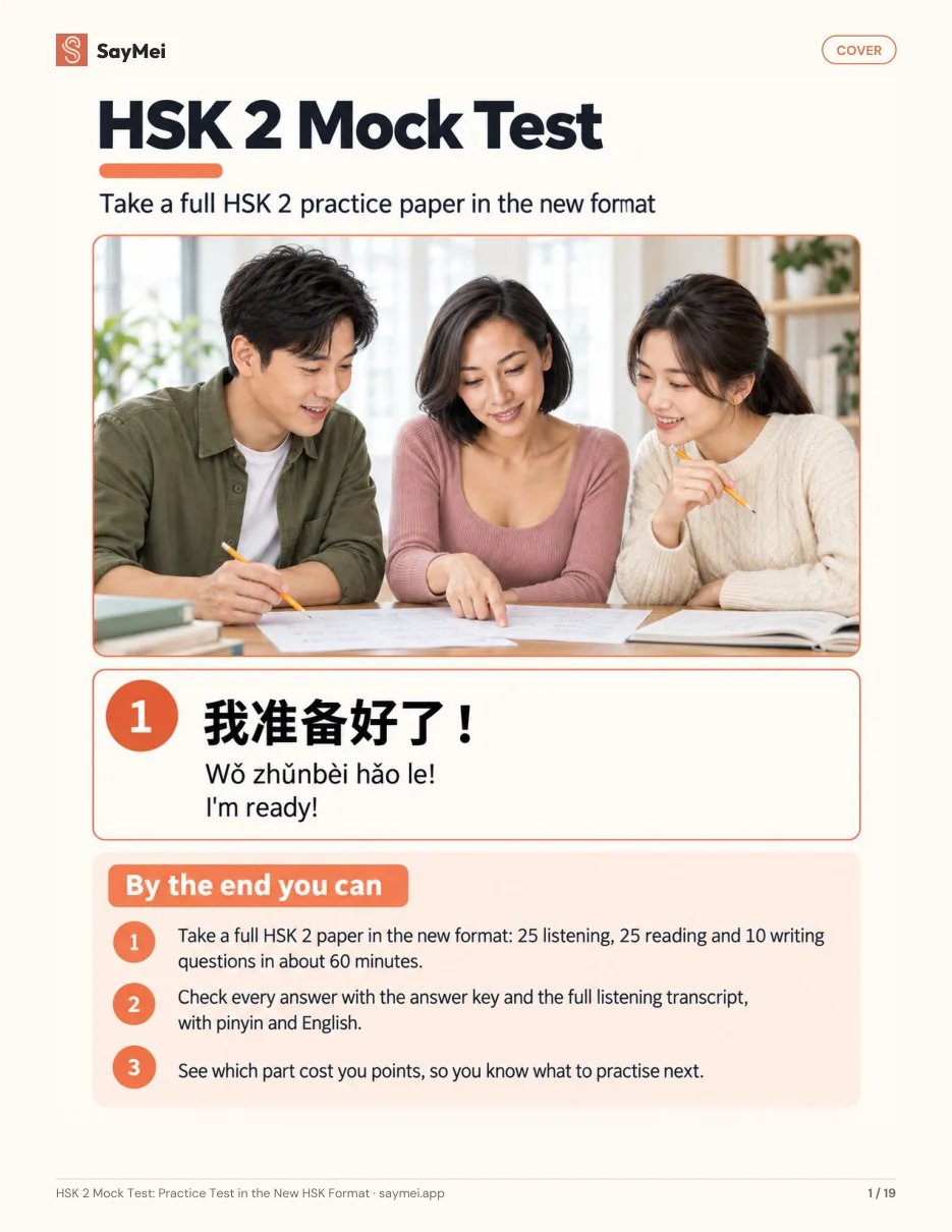 First page of HSK 2 Mock Test: Practice Test in the New HSK Format
