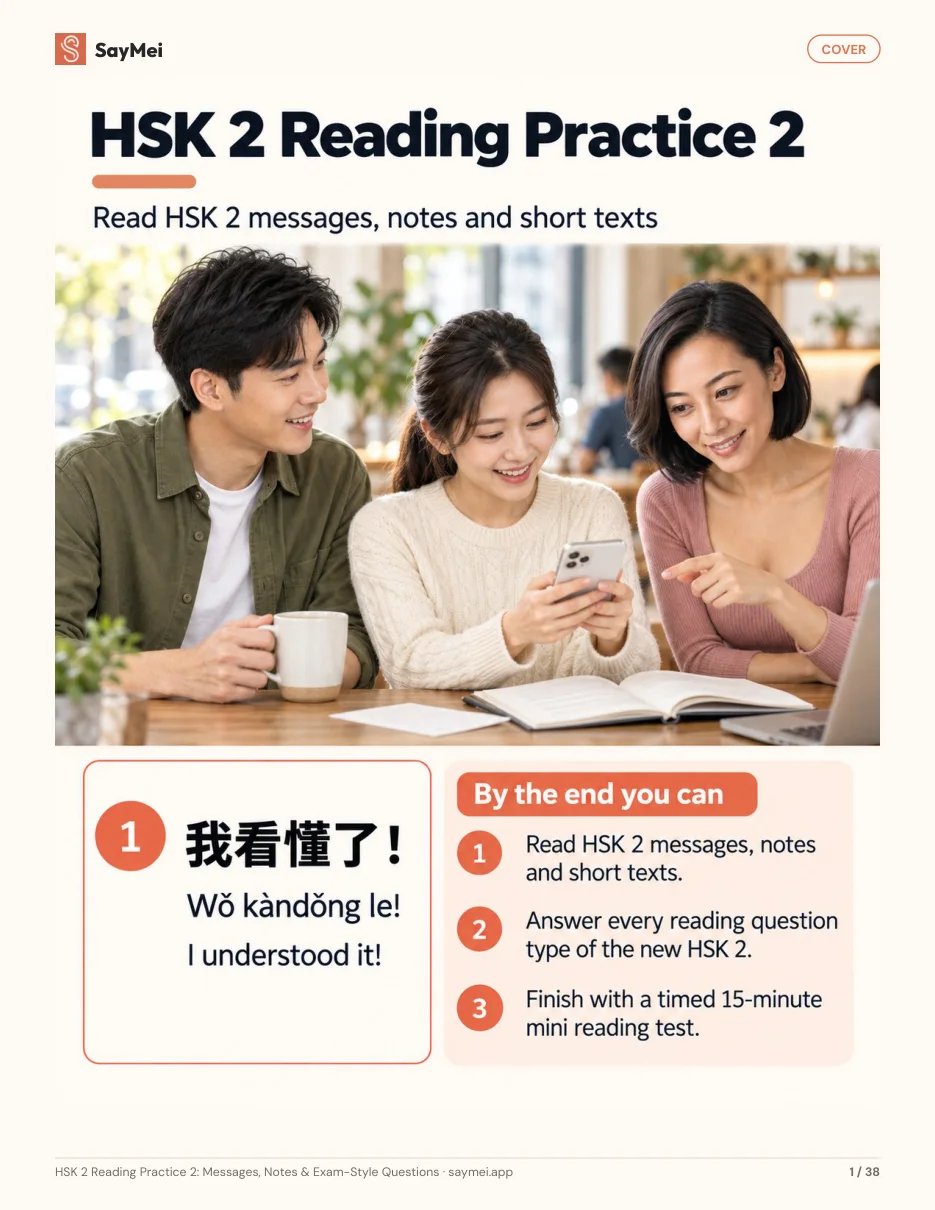First page of HSK 2 Reading Practice 2: Messages, Notes & Exam-Style Questions
