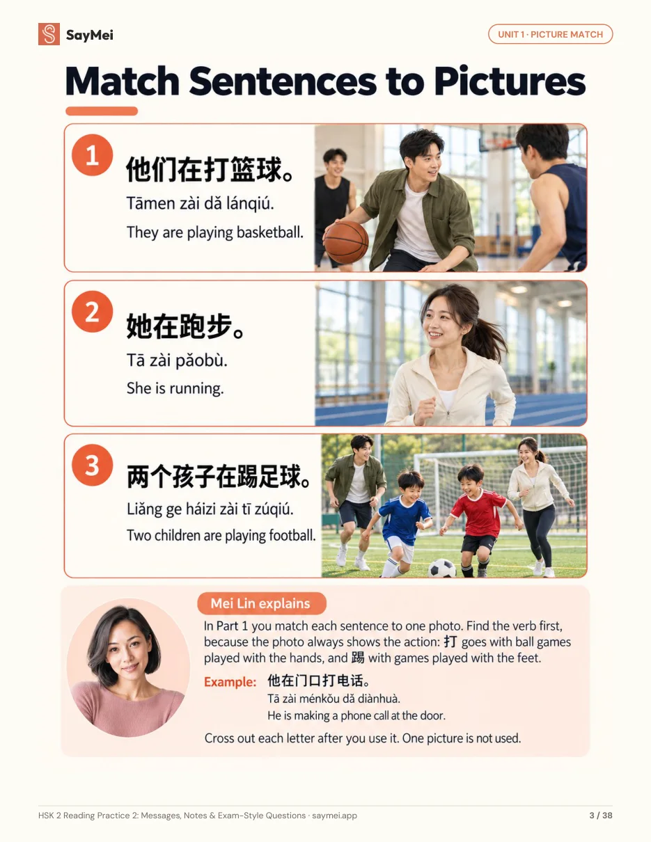 Page 2 of HSK 2 Reading Practice 2: Messages, Notes & Exam-Style Questions