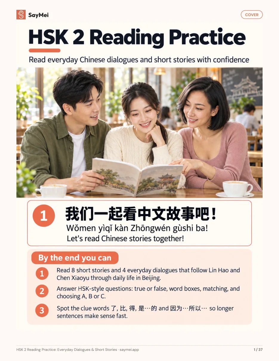 First page of HSK 2 Reading Practice: Everyday Dialogues & Short Stories