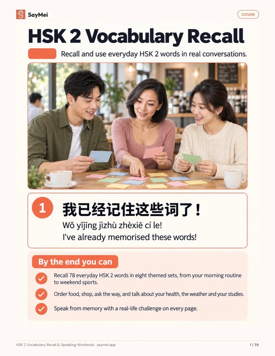 Page 1 of HSK 2 Vocabulary Recall & Speaking Workbook