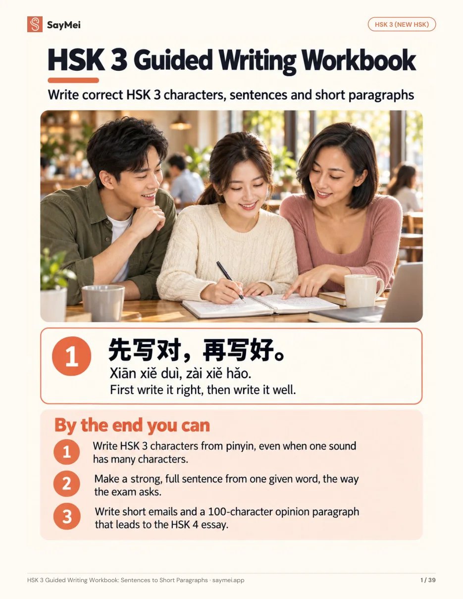First page of HSK 3 Guided Writing Workbook: Sentences to Short Paragraphs