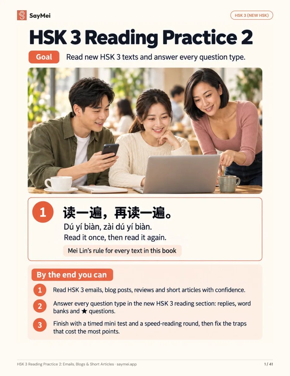 First page of HSK 3 Reading Practice 2: Emails, Blogs & Short Articles
