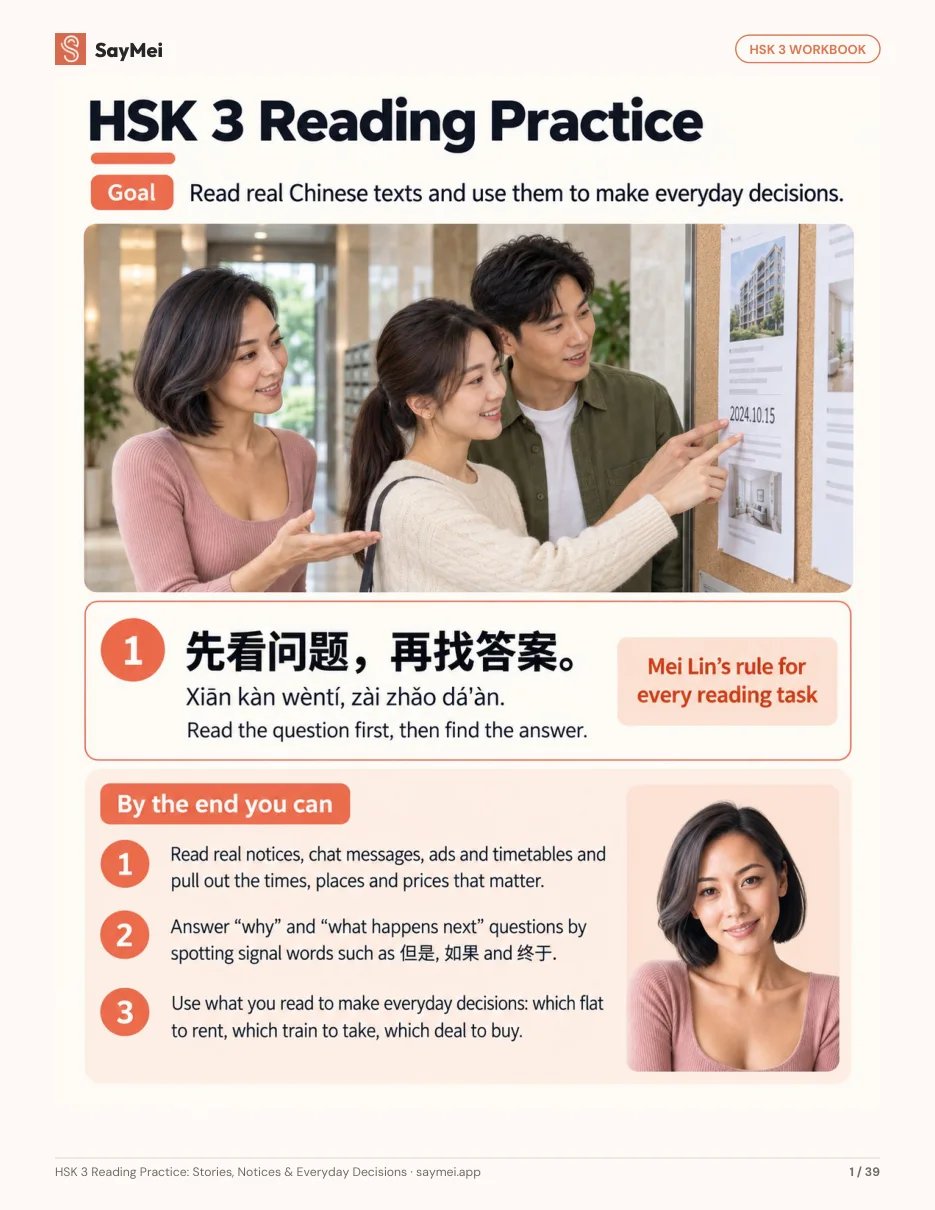 Page 1 of HSK 3 Reading Practice: Stories, Notices & Everyday Decisions