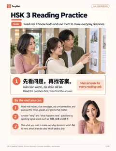 First page of HSK 3 Reading Practice: Stories, Notices & Everyday Decisions