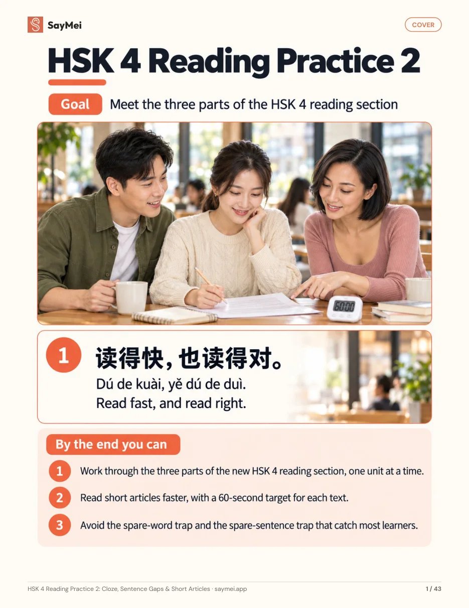 First page of HSK 4 Reading Practice 2: Cloze, Sentence Gaps & Short Articles