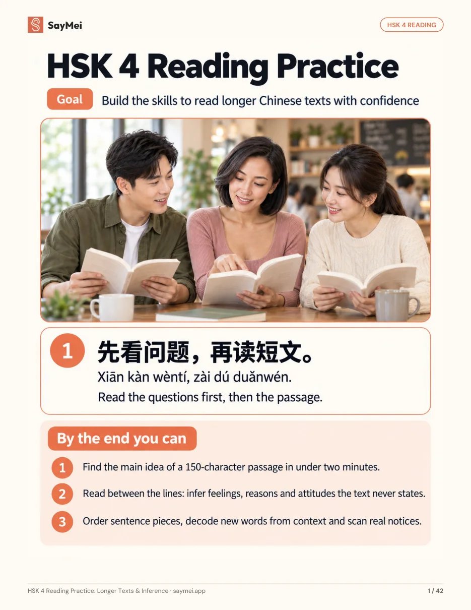 First page of HSK 4 Reading Practice: Longer Texts & Inference