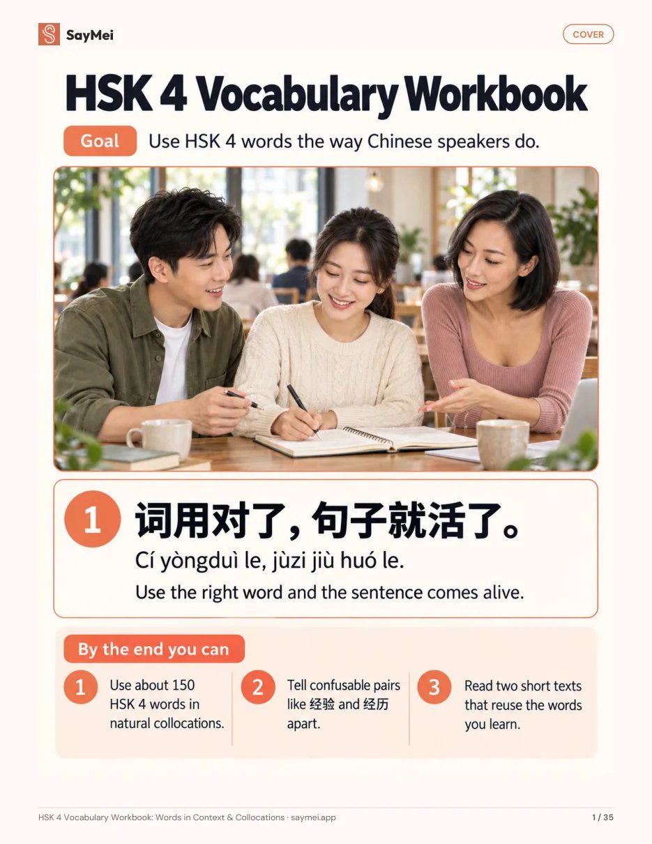 Page 1 of HSK 4 Vocabulary Workbook: Words in Context & Collocations