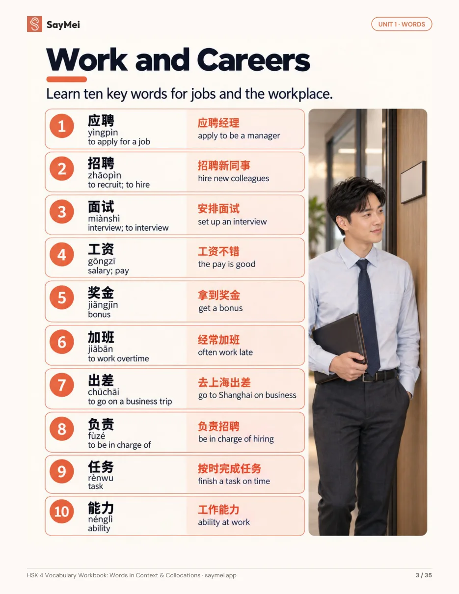Page 2 of HSK 4 Vocabulary Workbook: Words in Context & Collocations