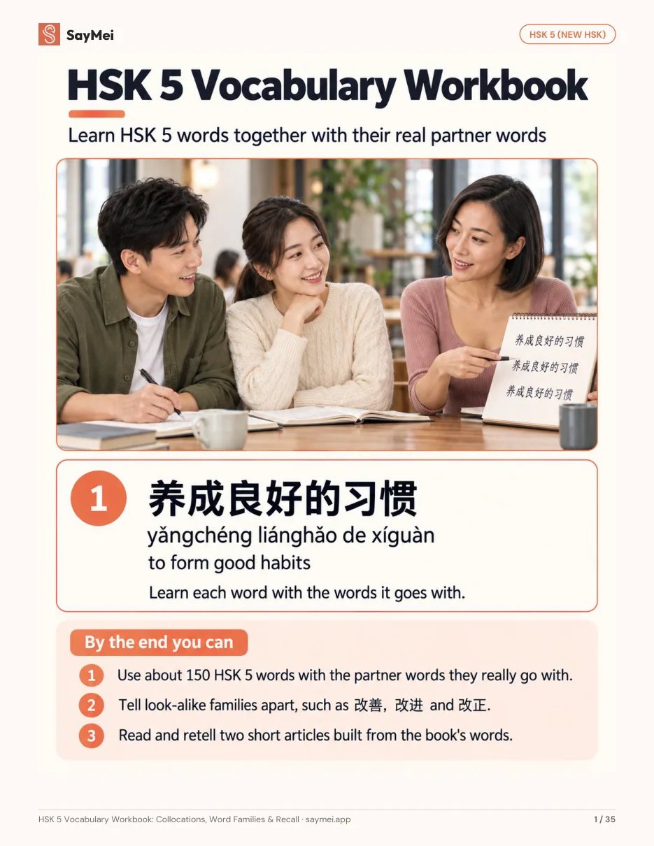 First page of HSK 5 Vocabulary Workbook: Collocations, Word Families & Recall