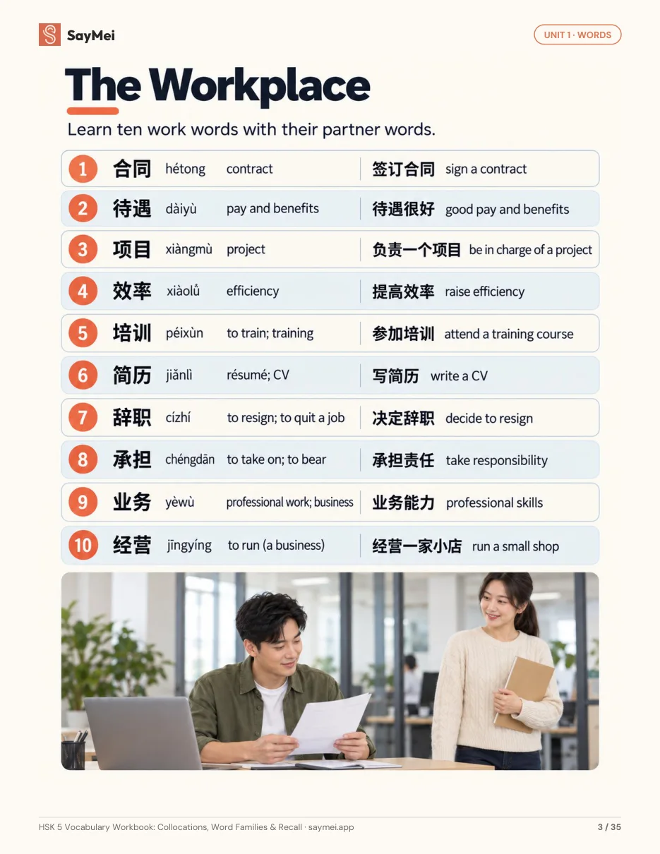 Page 2 of HSK 5 Vocabulary Workbook: Collocations, Word Families & Recall