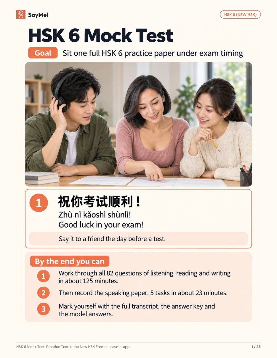 First page of HSK 6 Mock Test: Practice Test in the New HSK Format