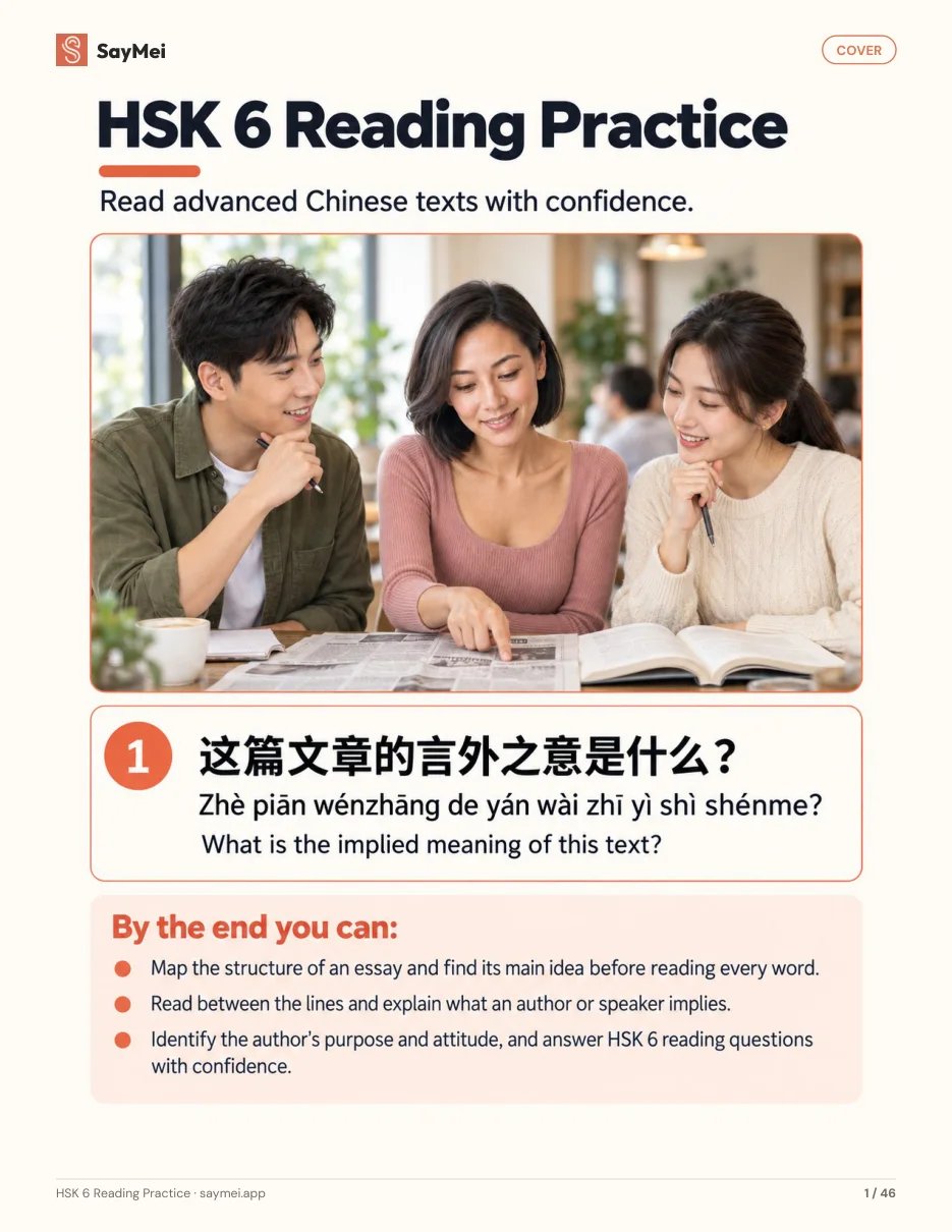 First page of HSK 6 Reading Practice: Structure, Implication & Author Purpose