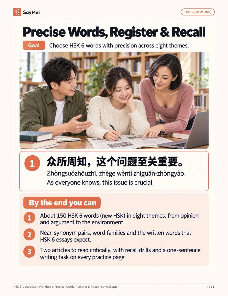 Page 1 of HSK 6 Vocabulary Workbook: Precise Words, Register & Recall