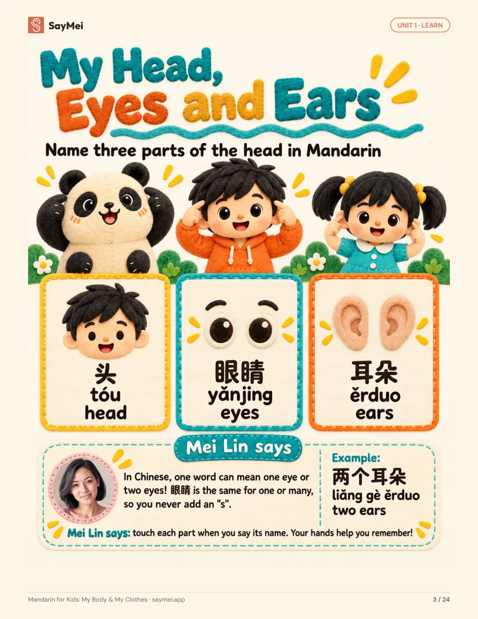 Page 2 of Mandarin for Kids: My Body & My Clothes
