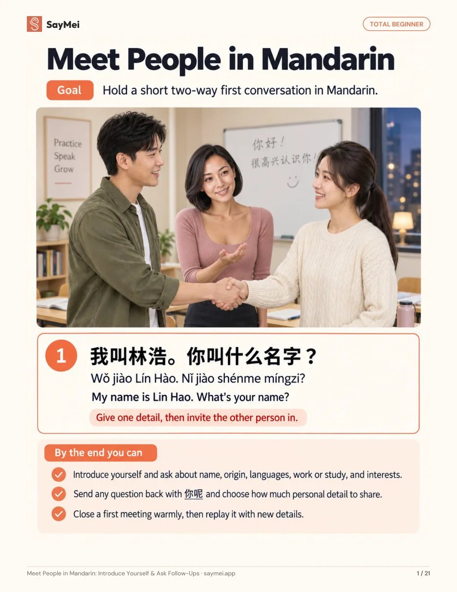 First page of Meet People in Mandarin: Introduce Yourself & Ask Follow-Ups