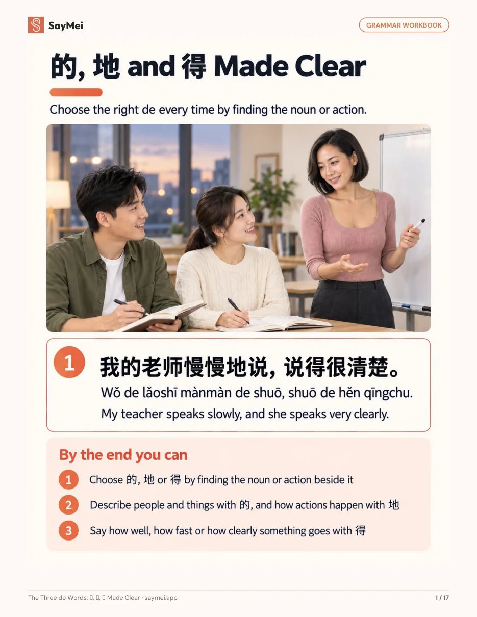 First page of The Three de Words: 的, 地, 得 Made Clear